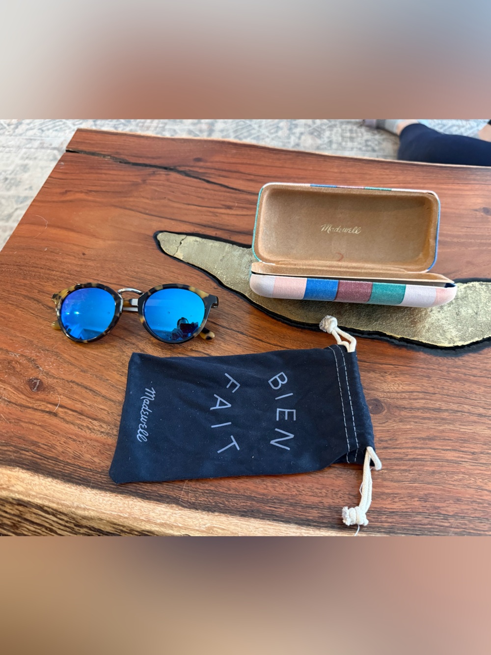 Madewell Indigo Sunglasses Tortoise Round Blue Mirrored Lens Silver Retro
